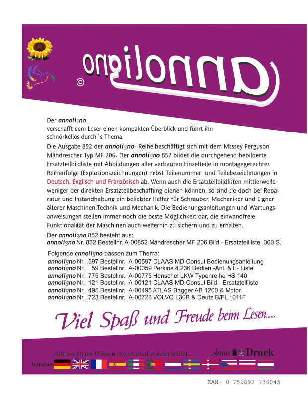 Massey Ferguson Mähdrescher Typ MF 206 Bild Ersatzteilliste mit Explosionszeichnungen in 3 Sprachen - annoligno 852